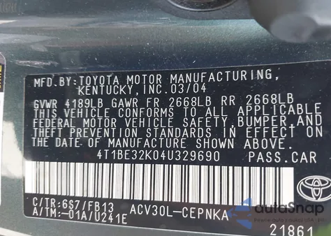 2004 Toyota Camry Le from USA, damaged, VIN 4T1BE32K04U329690
